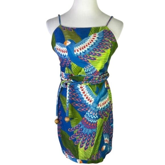 NWT FARM Rio Macaw Mini Dress Large Blue Green 100% Linen Tropical Nordstrom - Picture 4 of 8